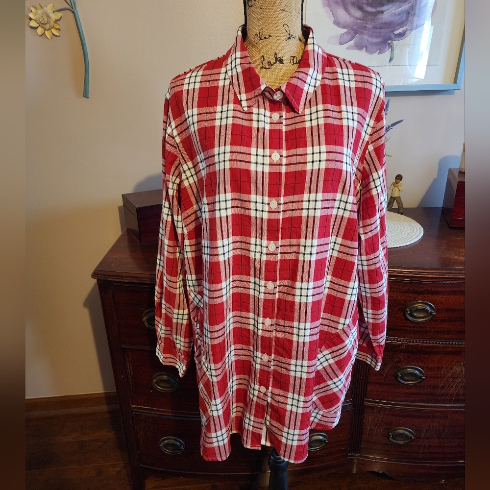 Joan Rivers® Red Black and White Peplum Flannel Plaid Button Down Shirt